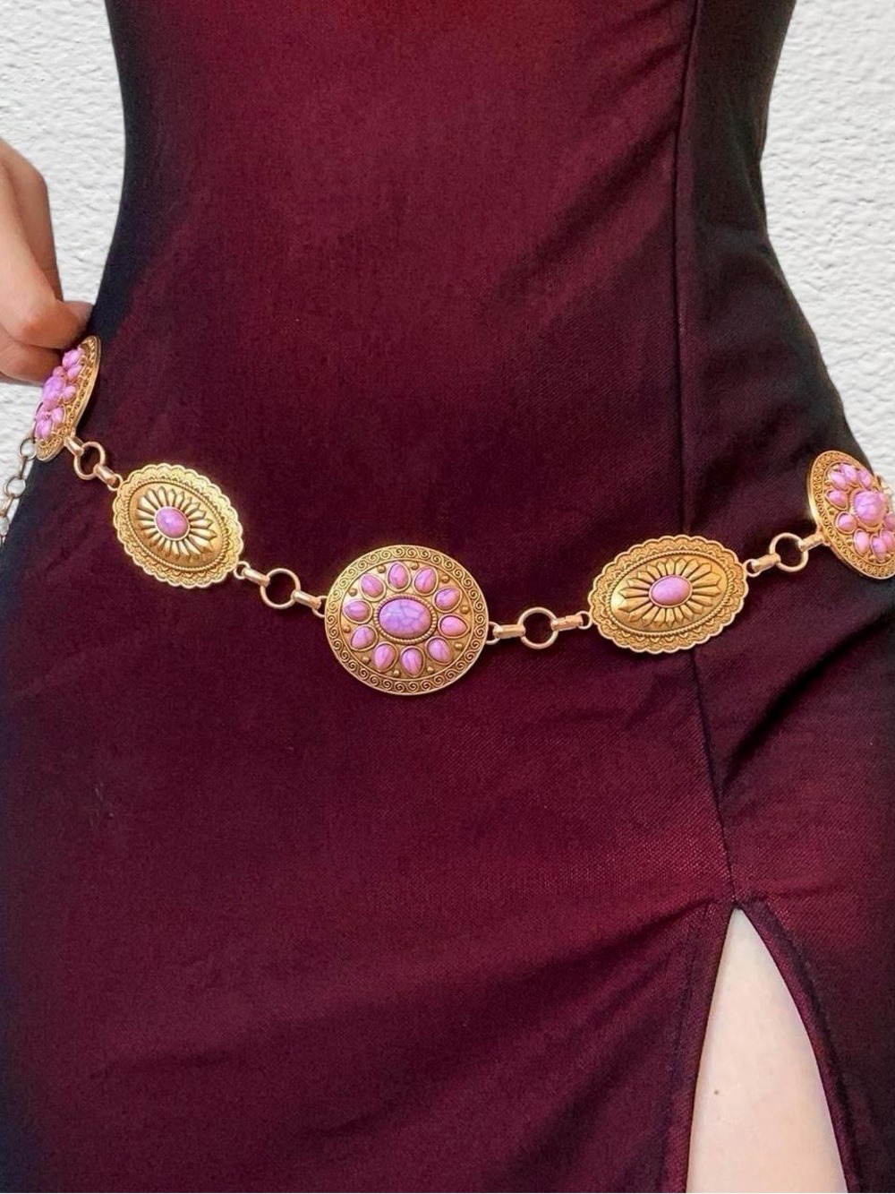 Gold bohemian floral retro pink stone western metal waist body chain belt
